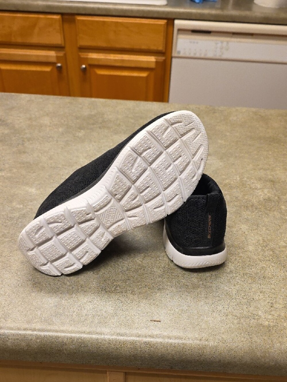 Skechers Women’s Black Slip-On Knit Sneakers with Gold Accents, Size 7 - Picture 3 of 9